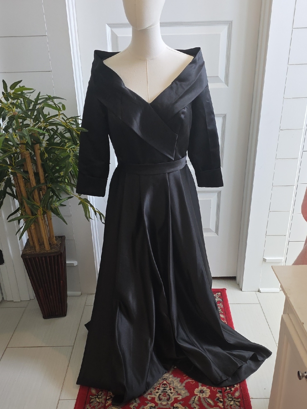 Off-Shoulder Black Maxi Dress with Draped V-Neck